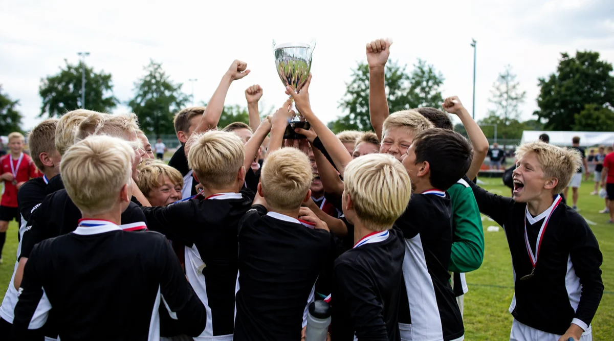 Ungdomslag firar tillsammans efter match under Dana Cup